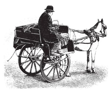 Jaunting araba her bir iki tekerlekli sandalyeyle yüksekte tekerlekler ve üzerinde ayaklarımız dinlenmek, aşağıdaki adımları vintage çizgi çizme veya oyma illüstrasyon üzerinde meseledir.
