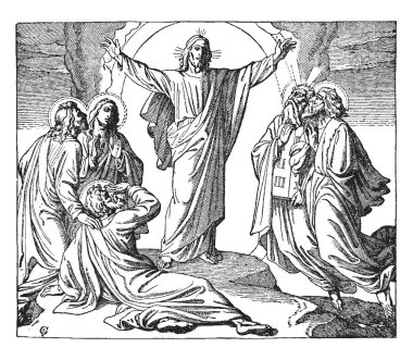 The Transfiguration, this scene shows Jesus raising both hands and face shine as the sun, other people looking at him, vintage line drawing or engraving illustration clipart