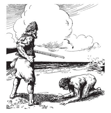 Başka önünde diz çökmüş bir adam adam elinde silah tutan, vintage çizgi çizme veya oyma illüstrasyon