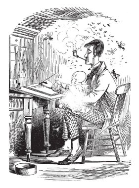 Adam mektubu çocuk veya pipo ve bir mektup yazma, tutan bir çocuk, boru-yasaktır, vintage çizgi çizme veya illüstrasyon oyma adam ile yazma.