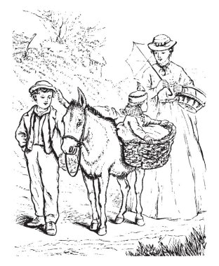 İki çocuk eşek ve kadın onları, vintage çizim yürüyüş veya illüstrasyon oyma şemsiye ile sürme