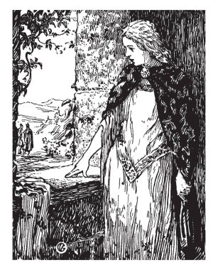 Pencere, iki kişi ve arka plan, vintage çizgi çizme veya oyma resimde dağda yakınındaki bir kadın ayakta