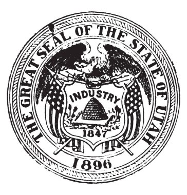 Devlet Utah 1904 mühür, Kartal Kalkanı tutan bu daire şekli mührü vardır, kalkan arı kovanı vardır, sanayi 1847 kalkan üzerinde bulunmakta, kalkan, vintage çizgi çizme veya oyma illüstrasyon her tarafta bir Amerikan bayrağı var 