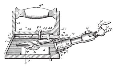 Üzgün demir kırışıklıklar ısı, vintage çizgi çizme veya oyma illüstrasyon kullanarak giysi gelen kaldırmak için kullanılan el cihazı olduğunu.
