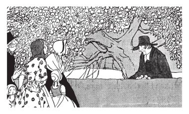 Şapka ayakta tree yakınındaki bir adamla meyve ve o el, iki kadın ve iki çocuk ve başka bir adam ağaç, vintage çizgi çizme veya oyma illüstrasyon bakıyor meyve tutarak bir yeri vardır bu olay John, gösterir