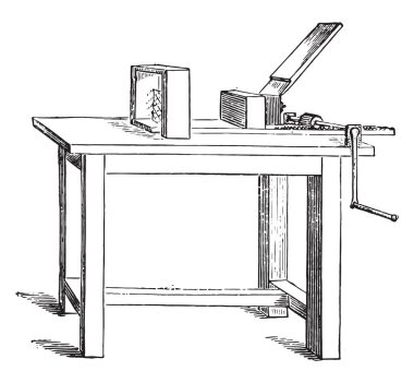 Kesme makinesi yapışkan blokları, vintage oyulmuş illüstrasyon için. Endüstriyel ansiklopedi E.-O. Lami - 1875