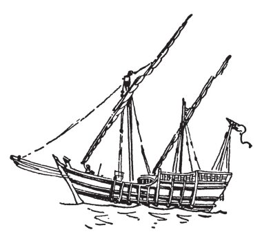 Nina Columbus, vintage çizgi çizme veya oyma illüstrasyon ile Amerika'ya gelen bir gemi..