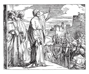 Paul Preaching Mars ın tepe üzerinde bu sahneyi bir yandan yetiştirme ve sahne, vintage çizgi çizme veya oyma illüstrasyon etrafında duran insanlar için bir şey söylüyor sahne alanı'nda bir adam gösterir