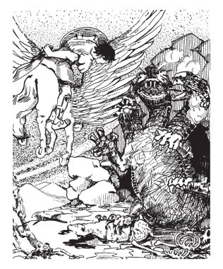 Chimera, bu sahneyi kılıç ve bir hayvan at binicisi gösterir zemin, vintage çizgi çizme veya oyma illüstrasyon aşağı düşmüş