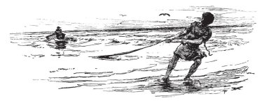 Gorgon'ın, bu sahneyi bir adam kıyısında ahşap kutu ip, arka plan, vintage çizgi çizme veya oyma illüstrasyon kuş uçan yardımı ile denizden çekerek gösterir