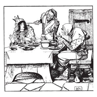 Prenses ve yemek masası oturma ve yemek, onun arkasında duran ve plaka bir şey bir asker cadı tablo, vintage çizgi çizme veya oyma illüstrasyon tutulan tablo, kavanoz ve gıda plakaları devam etti