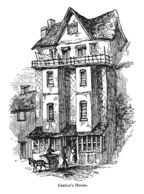 The image shows the Caxton's house had two floors. The house had two Chimneys at the pinnacle. The house in the picture has a balcony where girl is standing. Horse carriage is there in front of house, vintage line drawing or engraving illustration. clipart