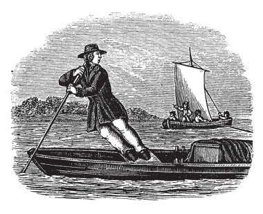 Su, vintage çizgi çizme veya oyma illüstrasyon tekne kürek bir adamla