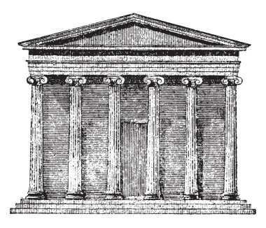İyonik Hexa-prostylos, yükseklik, bir veranda, önde gelen bir binanın girişinde bir colonnade, vintage çizgi çizme veya oyma illüstrasyon olarak genişletilmiş.