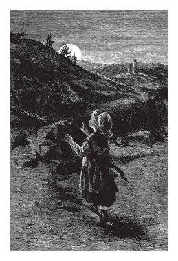 Kız Peepsy, bu olay küçük bir kız gece, vintage çizgi çizme aydaki bakarak veya illüstrasyon oyma gösterir.