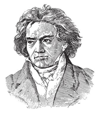 Ludwig van Beethoven, Alman besteci ve piyanist, onun besteleri 9 Senfoni, 5 Piyano Konçertosu, 1 Keman Konçertosu, 32 Piyano Sonat, 16 dize Dörtlüsü, vintage çizgi çizme veya oyma illüstrasyon için ünlü o 1770-1827, oldu