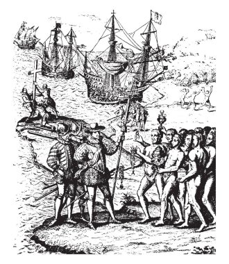 Bu görüntüde, Columbus Hispaniola adlı gösterir. Denizde bir tekne var. Columbus pole onun el, vintage çizgi çizme veya oyma illüstrasyon tutarak vardır.