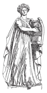 Müzik enstrümanı sol elinde tutan ve sağ el, vintage çizgi çizme veya oyma illüstrasyon iskambil Yunan müzik Tanrı.