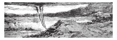 Chimera, bu resim hortumlar ve büküm ve yüksek dalgalar deniz, vintage çizgi çizme veya oyma illüstrasyon gösteriyor