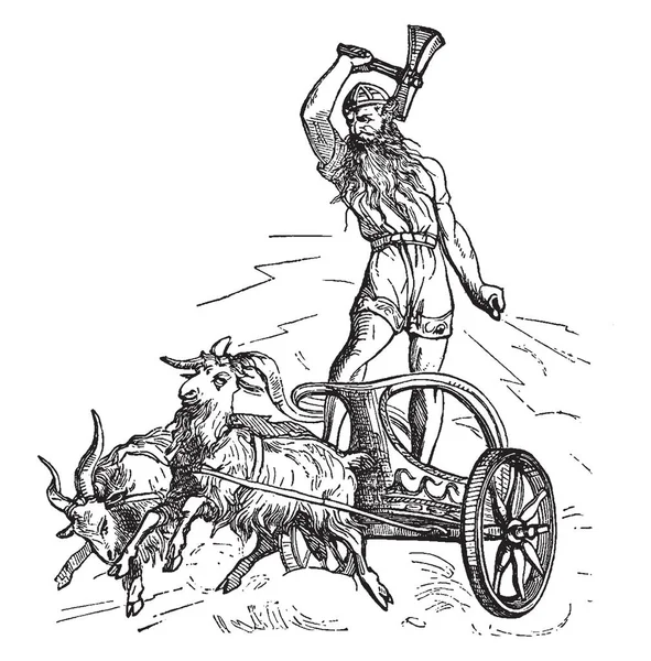 Man Standing Chariot Driven Two Goats Vintage Line Drawing Engraving — Stock Vector