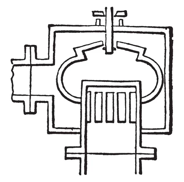 此插图表示在开槽箱 复古线条绘制或雕刻插图上垂直往复的冠阀 — 图库矢量图片