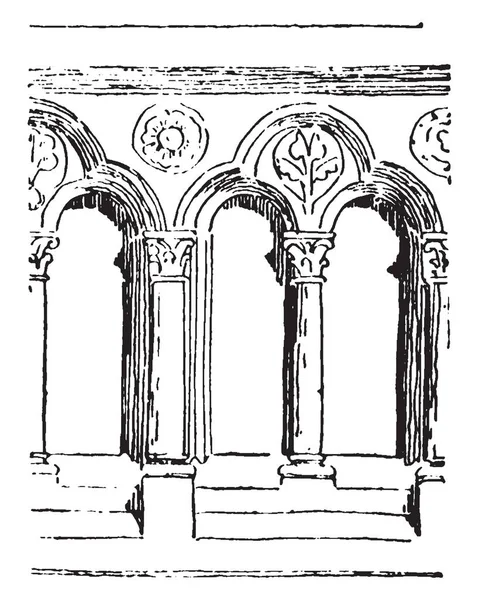 Balustrade Vroeg Gotische Overgangs Balustrade Romaanse Architectuur Vintage Lijntekening Gravure — Stockvector