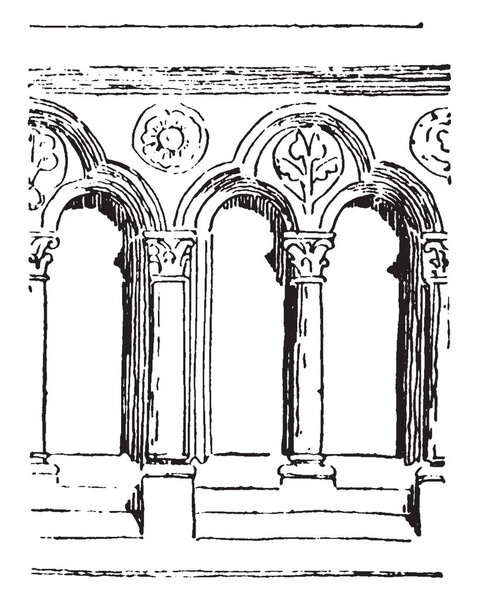 Balustrade, Early Gothic, transitional balustrade, Romanesque architecture, vintage line drawing or engraving illustration.