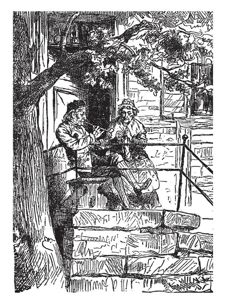 古い墓石老婆と老人 家の外に座っているこのシーンを示しています 男は喫煙家 ビンテージの線描画や彫刻図近くの木 — ストックベクタ