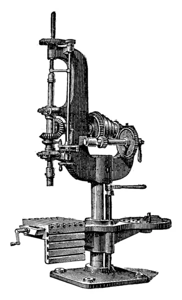 ドリルの列 ヴィンテージには 図が刻まれています 産業百科事典 1875 — ストックベクタ