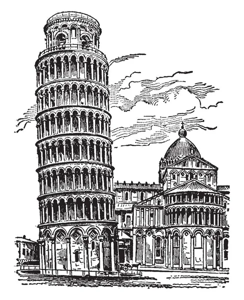 比萨斜塔 最引人注目的建筑 坎普和钟楼 圆柱形塔 复古线条画或雕刻插图 — 图库矢量图片