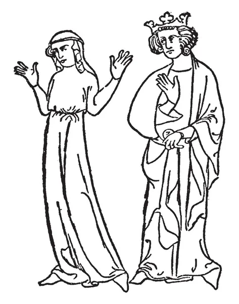 Дама Король Стоят Рядом Рисуют Винтажные Линии Гравируют Иллюстрации — стоковый вектор