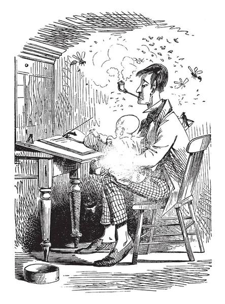 Man Writing Letter Child Man Smoking Pipe Writing Letter Holding — Vettoriale Stock
