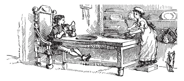 Une Femme Cuisinière Garçon Assis Table Mangeant Dessin Ligne Vintage — Image vectorielle