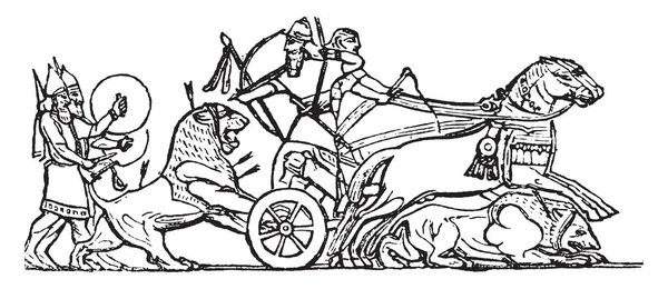Охота Льва Северо Западного Дворца Нимруде Рисунок Винтажной Линии Гравировка — стоковый вектор