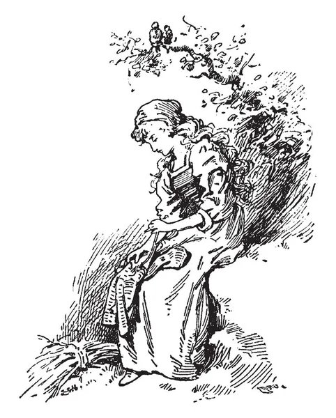 埃尔莎 这一幕显示 一个女孩坐在树下 手里拿着一些东西 复古的线条画或雕刻插图 — 图库矢量图片