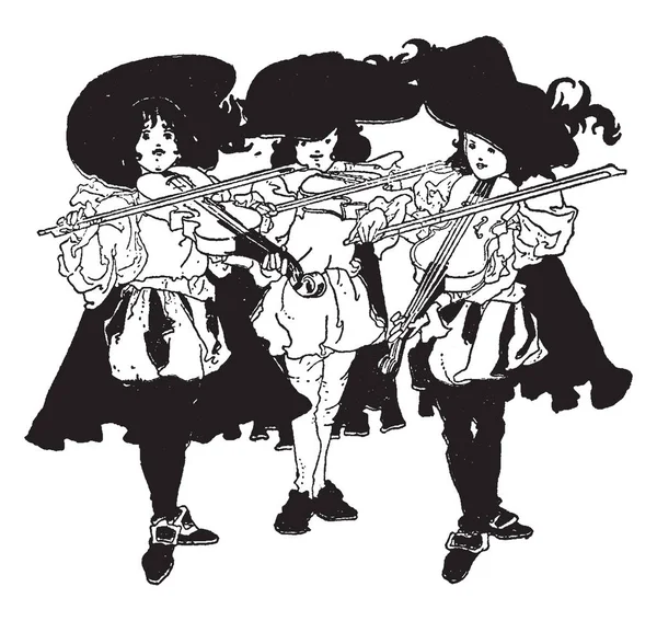 Три Fiddlers Сцена Показує Три Скрипаль Стоїть Гра Скрипок Vintage — стоковий вектор