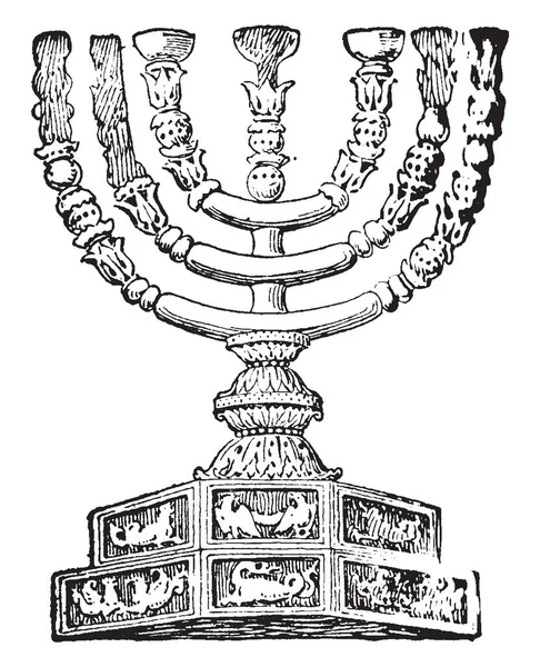 七分枝烛台的一幅古老的图片 也被称为 Menorah 复古线条画或雕刻插图 — 图库矢量图片