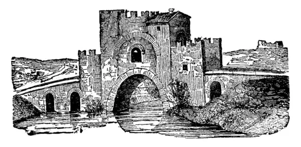Lamentano Fortified Bridge Vintage Engraved Illustration Industrial Encyclopedia Lami 1875 — Stock Vector