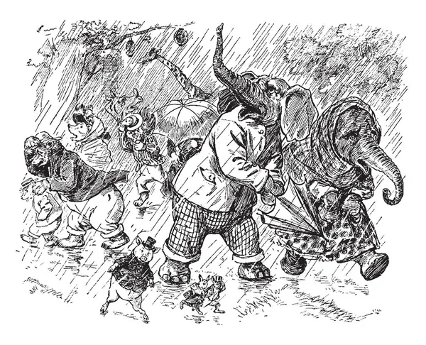 Animales Caminando Bajo Lluvia Dibujo Línea Vintage Ilustración Grabado — Vector de stock