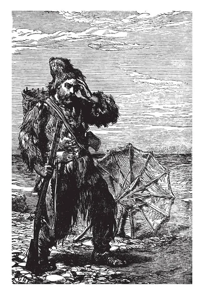 Crusoe Látja Lábnyom Homok Jelenet Mutatja Egy Öreg Ember Fegyverrel — Stock Vector