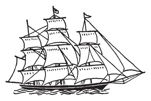 Большое судно с парусами - это любое большое судно с ветровыми двигателями, рисунок винтажной линии или гравировка.
.