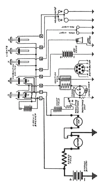 Auburn Sześć Czyli System Delco Pojedyncze Jednostki Vintage Rysowania Linii — Wektor stockowy