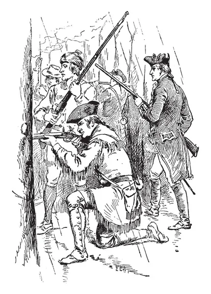 华盛顿在法国战争中的必要性堡 他单膝跪下 他手里拿着一件武器 试图拍摄 复古线条画或雕刻插图 — 图库矢量图片