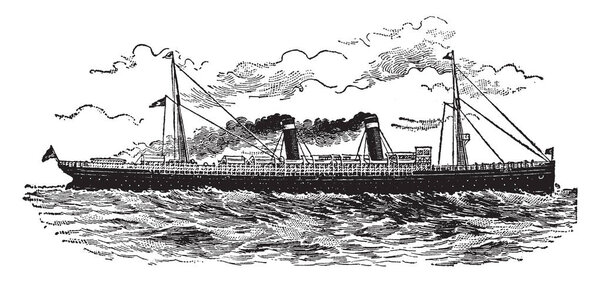 Modern Ocean Steamship is a boat or vessel propelled by steam acting either on paddles or on a screw, vintage line drawing or engraving illustration.