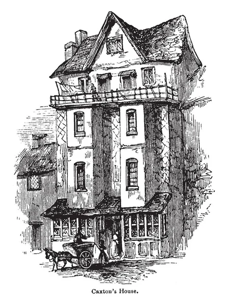 图片显示卡克斯顿的房子有两层楼 房子在顶峰有两个烟囱 图片中的房子有一个女孩站立的阳台 马车在房子前面 复古线条画或雕刻插图 — 图库矢量图片