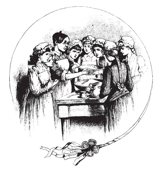 Group Women Cooking Together Vintage Line Drawing Engraving Illustration — Stock Vector