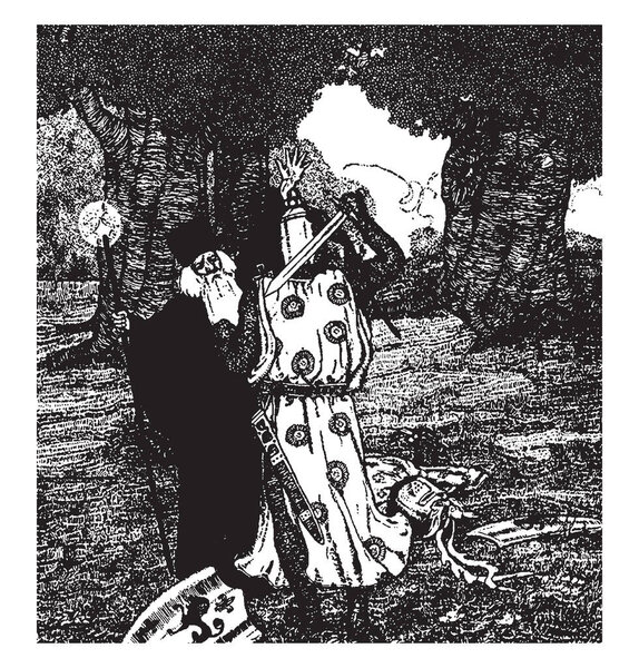 Мерлин спасает Артура, эта сцена показывает человека поднимает свой меч на старика, старик имеет палку в руке, деревья на заднем плане и щит на земле, винтажные линии рисунок или гравировка иллюстрации
