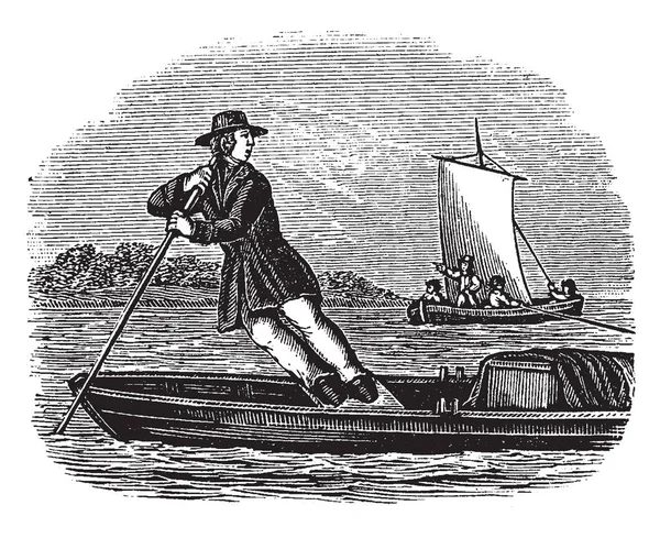 Ein Mann Mit Ruder Boot Wasser Vintage Linienzeichnung Oder Gravierillustration — Stockvektor