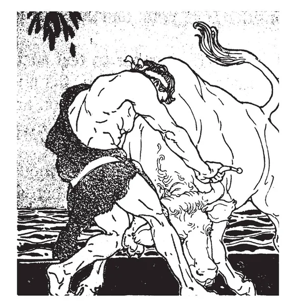 Herkül Labors bu sahneyi bir hayvan, vintage çizgi çizme boynuzu tutarak veya illüstrasyon oyma bir adam gösterir.