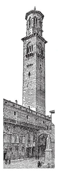 イタリア ヴェローナ 独自の権利で要素のパラッツォ トレシグナー教会 ヴィンテージの線画の本館の一部を形成する またはイラストを彫刻の鐘楼 — ストックベクタ